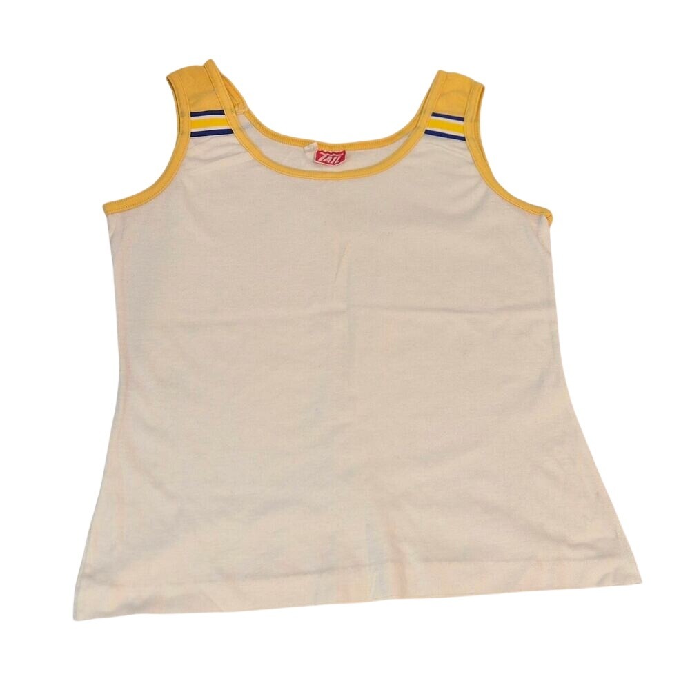 Vintage Tail Tank Top White Yellow Stripe Athletic Sporty Made in USA Large